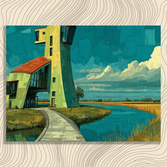 Surreal Abstract Landscape Canvas Wall Art Watercolor River Pop Architecture Artwork Color Field Painting