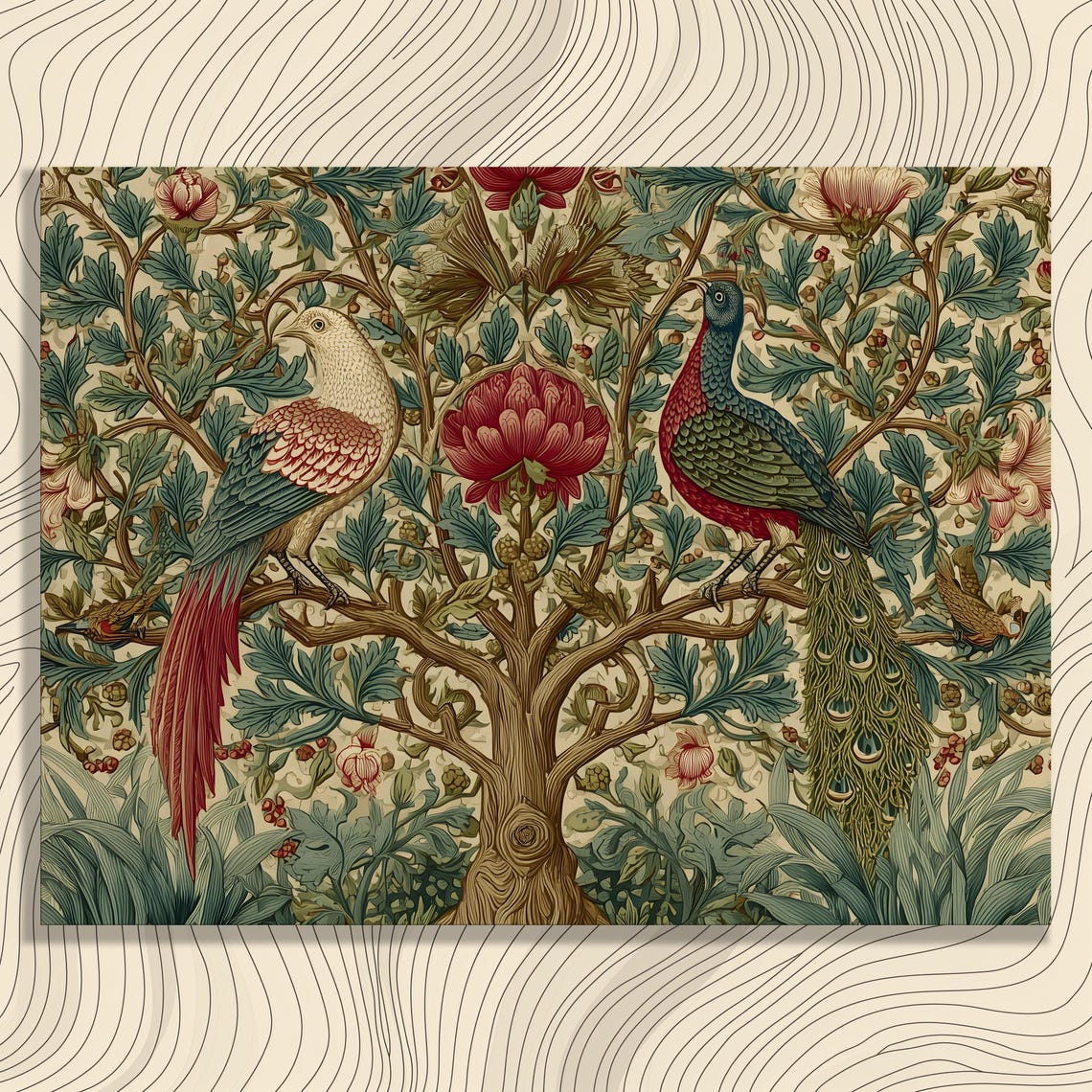 Vintage Botanical Tree Of Life Exotic Birds Tapestry Canvas Wall Art