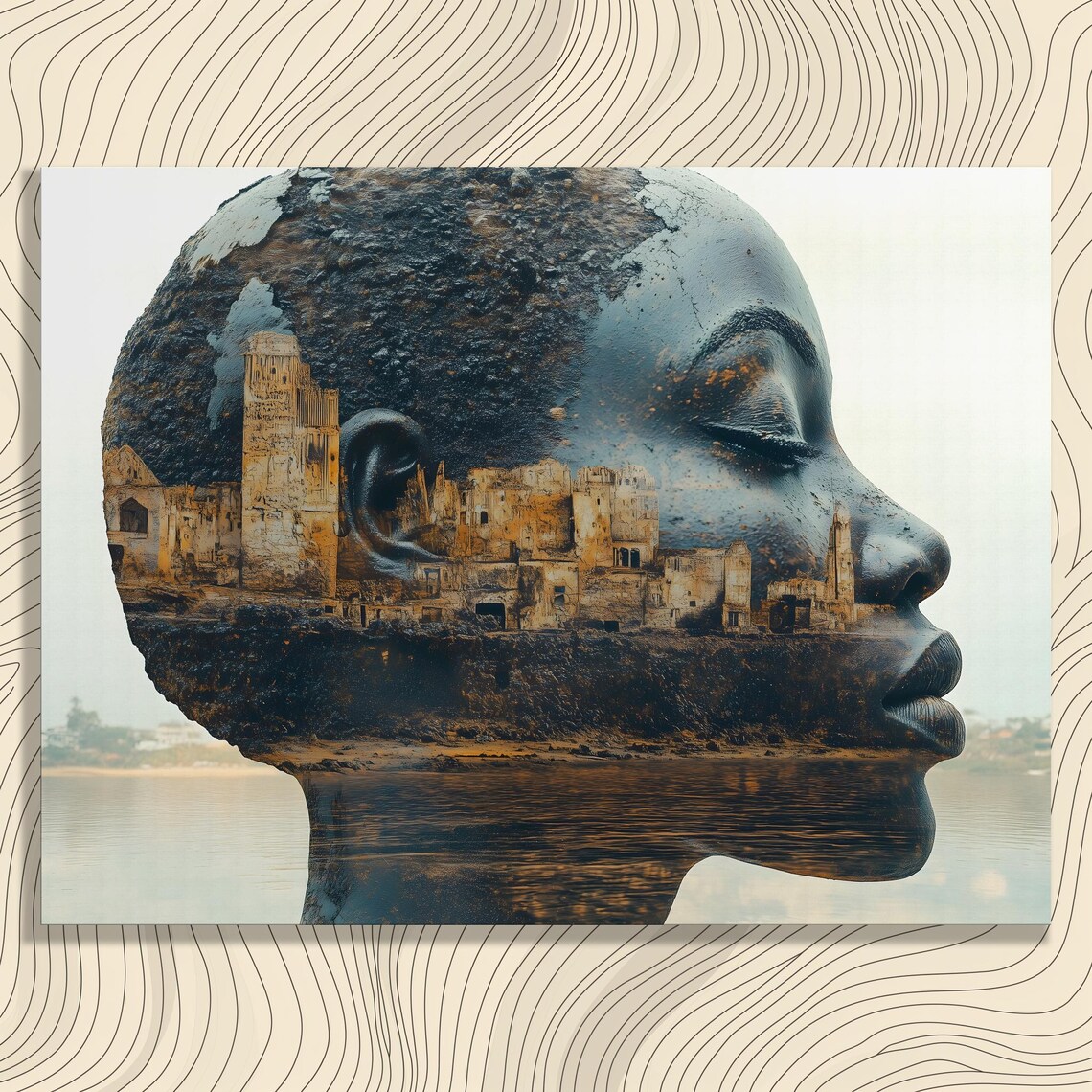 Woman Profile Double Exposure Ancient Ruins Coastal Art Print