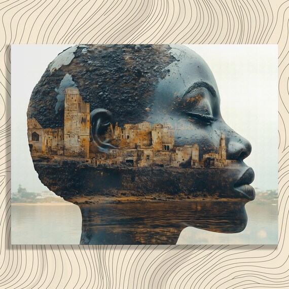 Woman Profile Double Exposure Ancient Ruins Coastal Art Print