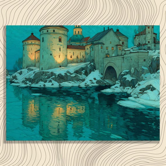 Winter Castle Canvas Wall Art Snowy Fortress Landscape Print Rustic Nordic Reflection Decor Scene Lake View Poster