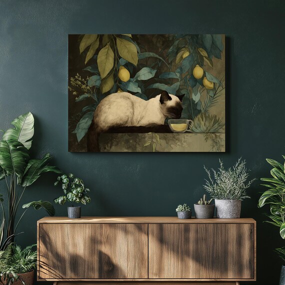 Siamese Cat Lemon Tree Botanical Modern Tea Cup Feline Garden Print