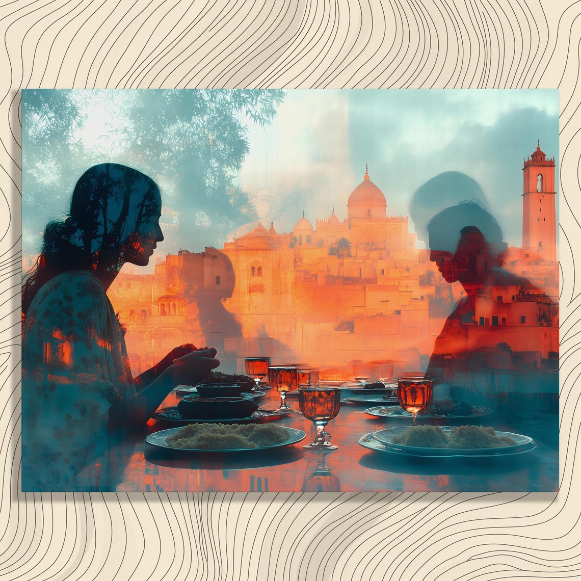 Surreal Dinner Date Moroccan Medina Sunset Double Exposure Poster