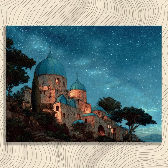 Starry Night Stone Castle Blue Domes Medieval Fantasy Night Sky Poster