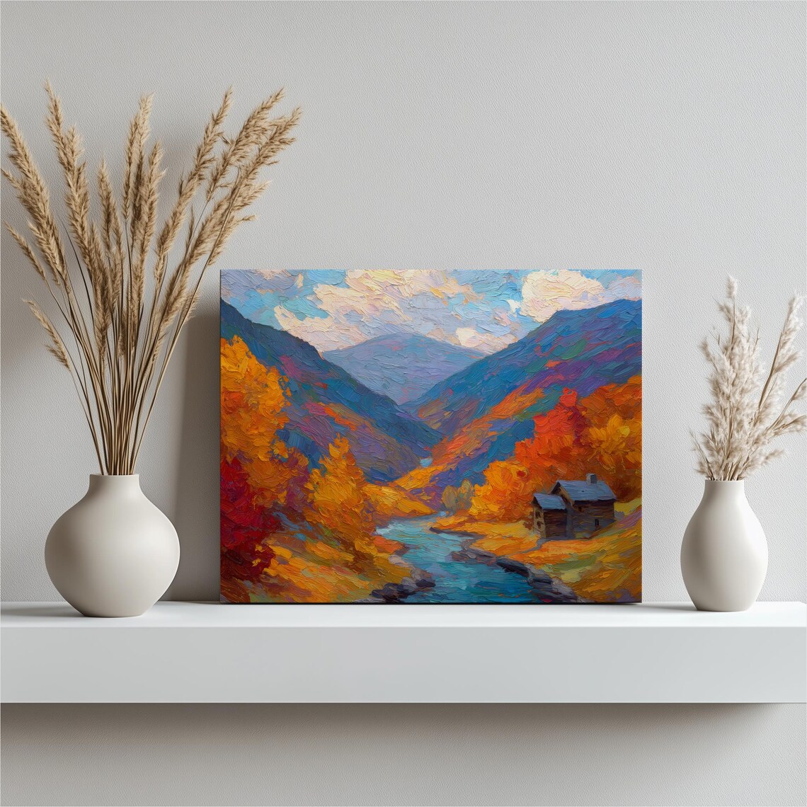 Autumn Mountain Valley Cabin River Impressionist Landscape Wall Art