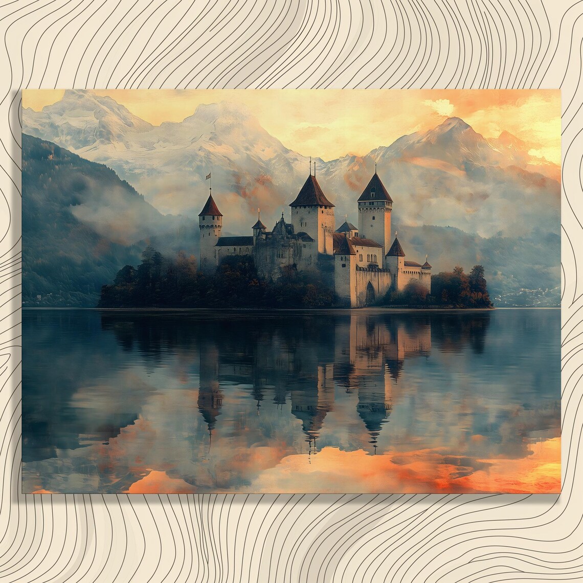 Medieval Castle Island Mountain Lake Sunset Reflection Vintage Poster