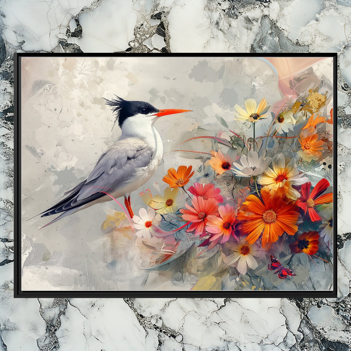 Elegant White Tern Among Colorful Wildflowers Bird Art Poster