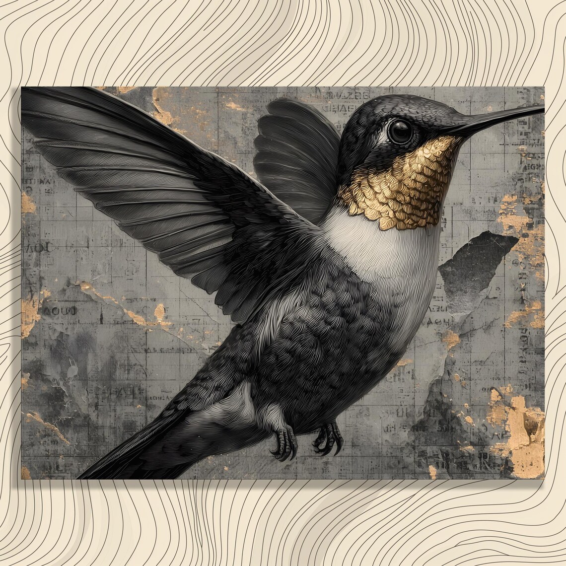 Golden Throat Gray Hummingbird on Distressed Vintage Paper Poster