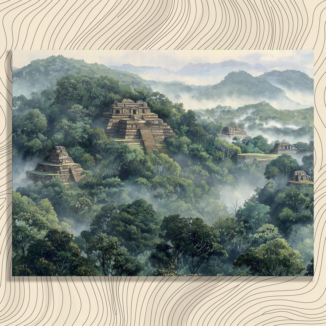 Ancient Jungle Temple Ruins Misty Mountains Adventure Art Poster