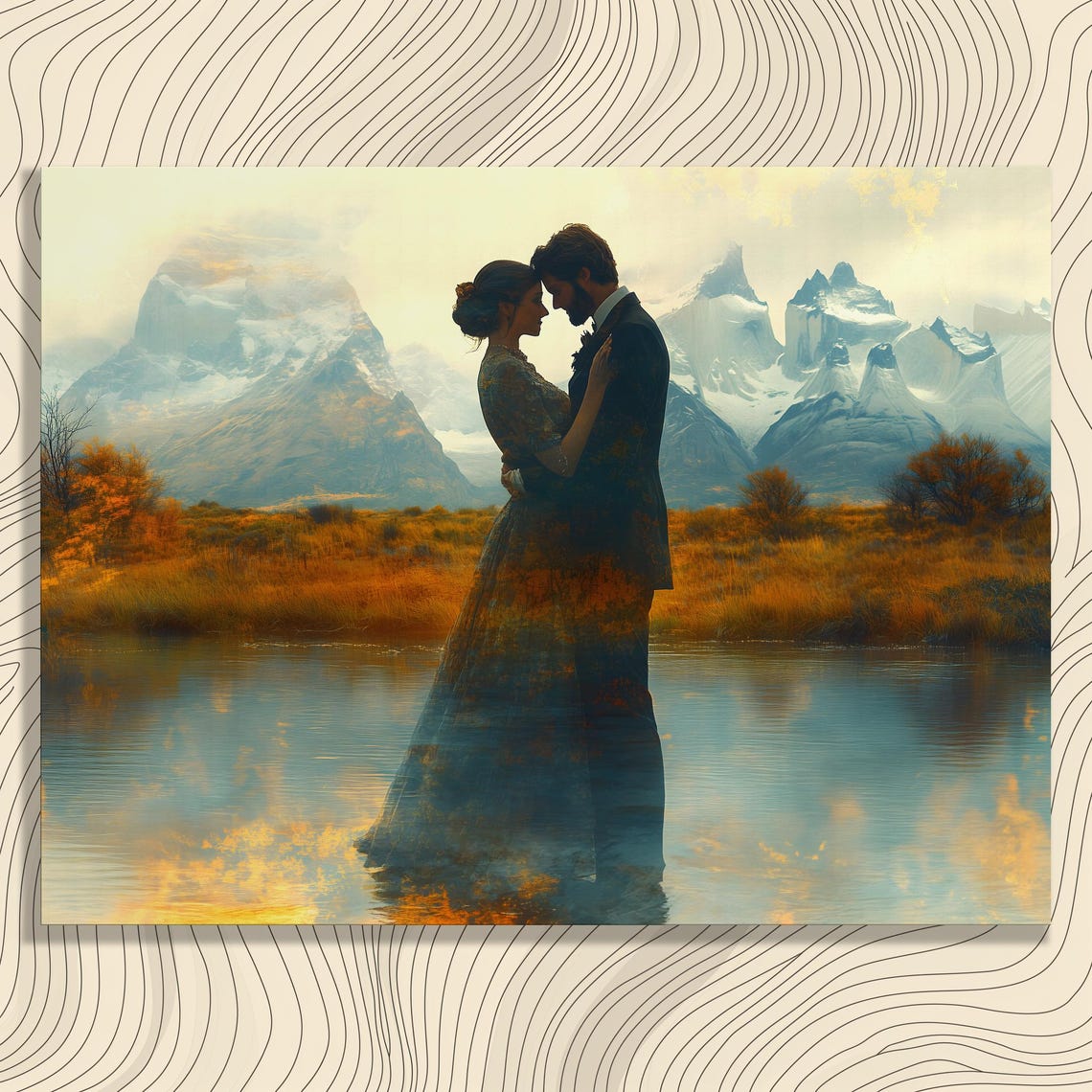 Embracing Couple Double Exposure Mountain Lake Romance Poster