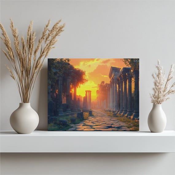 Roman Ruins Sunrise Canvas Wall Art Ancient Columns And Cobblestone Path Classical Architecture Print Warm Golden Hour Landscape Decor