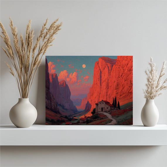 Colorful Canyon Valley Canvas Wall Art Moonlit Landscape Print With Red Rock Cliffs Rustic Stone Cottages Winding Path Wildflowers Scenery