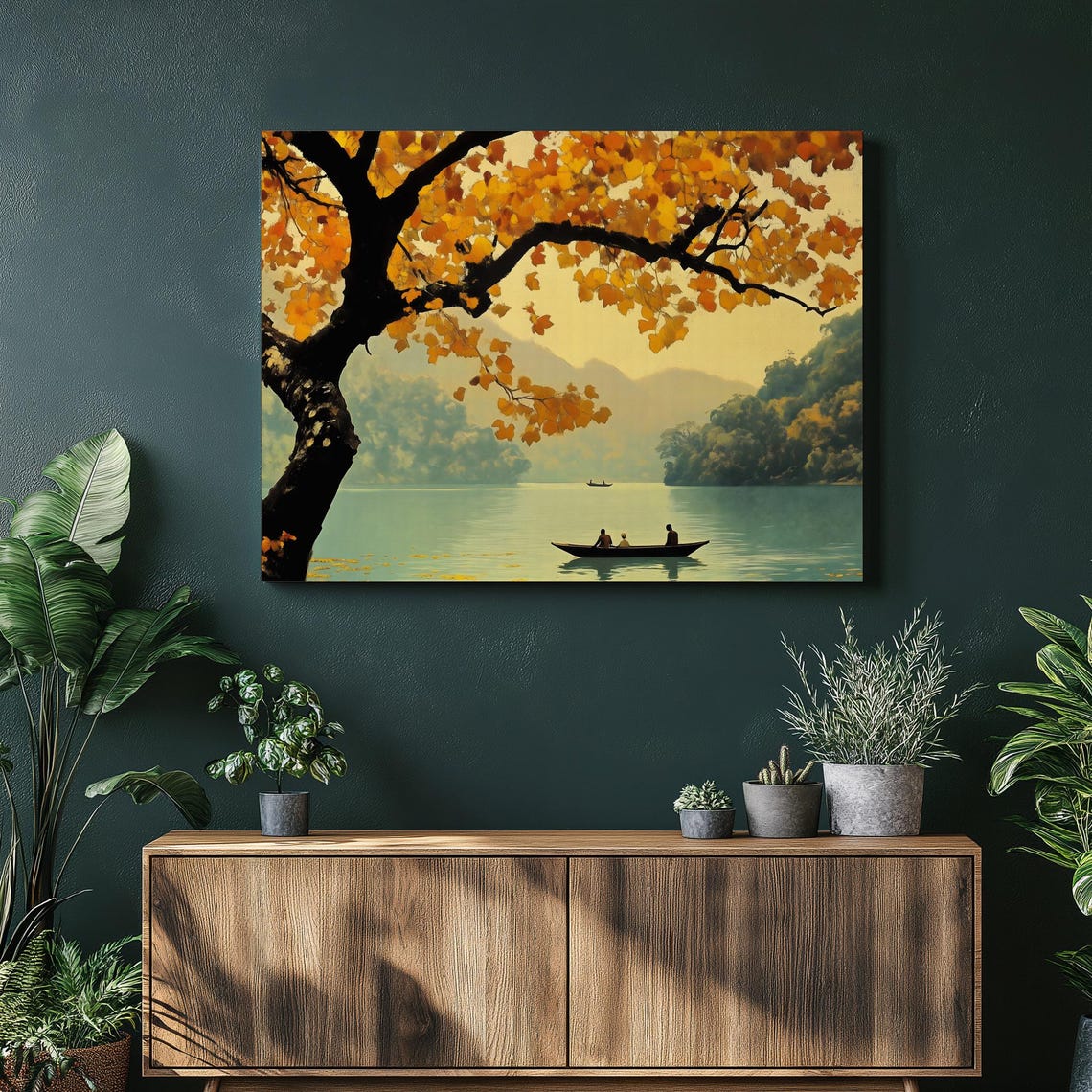 Autumn Lakeside Canoes Canvas Wall Art Serene Landscape Print With Fall Foliage Mountains Lake Reflection Rustic Lodge Style
