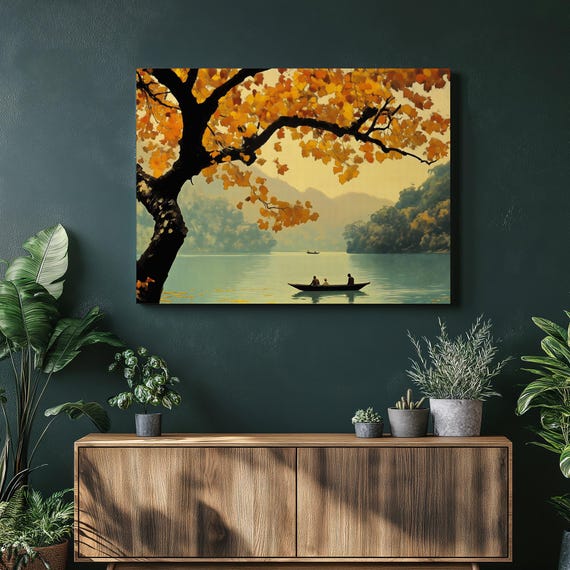 Autumn Lakeside Canoes Canvas Wall Art Serene Landscape Print With Fall Foliage Mountains Lake Reflection Rustic Lodge Style