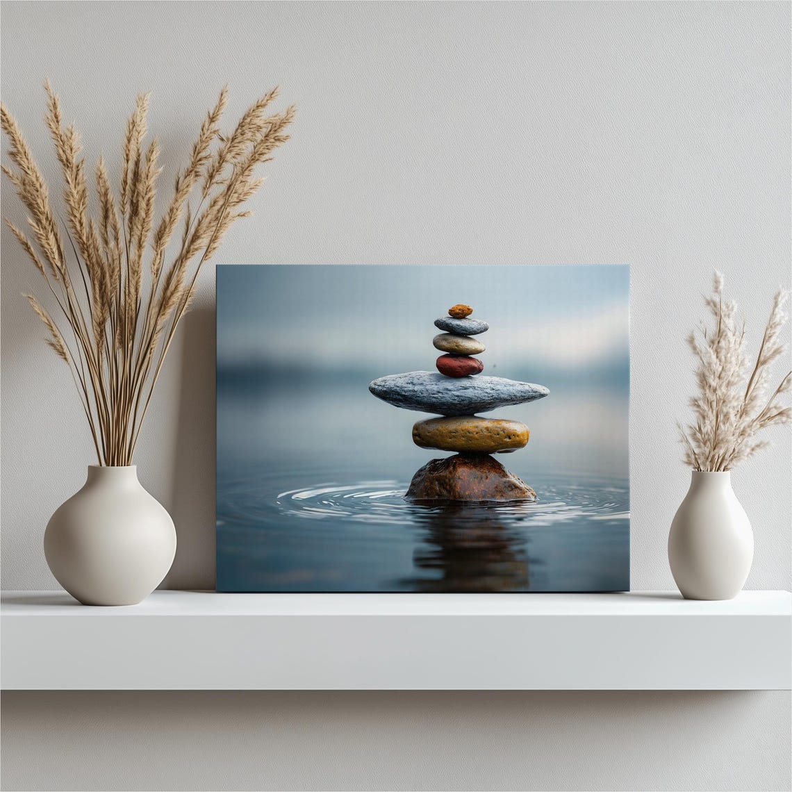 Zen Stone Balancing Cairn Over Calm Water Tranquil Nature Poster