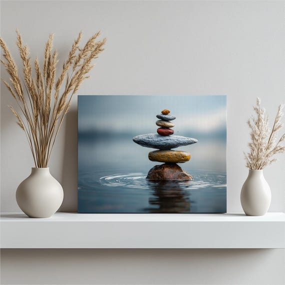 Zen Stone Balance Canvas Wall Art Stacked Rocks Cairn Tranquil Nature Print Water Reflection Minimal Mindfulness Meditation