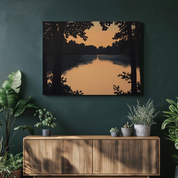 Sunset Lake Reflection Canvas Wall Art Minimal Luminism Nature Landscape Serene Evening Glow With Silhouetted Trees Calm Water Horizon