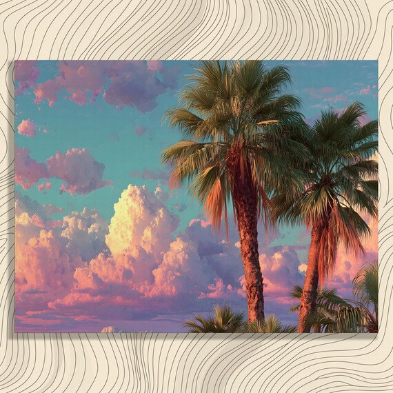 Palm Trees Tropical Sunset Pastel Clouds Painting Landscape Poster