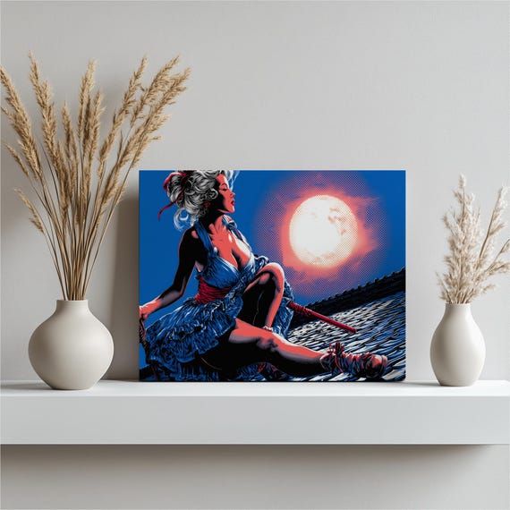 Samurai Ninja Moonlit Canvas Wall Art Retro Comic Book Style Female Warrior Under Full Moon Rooftop Scene Katana Halftone Dots Blue Red
