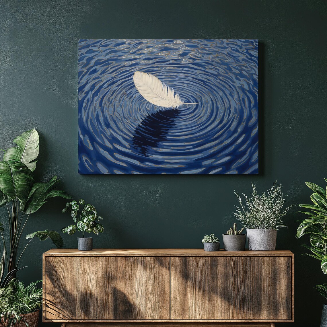 White Feather Blue Concentric Ripples Serene Zen Calm Art Poster