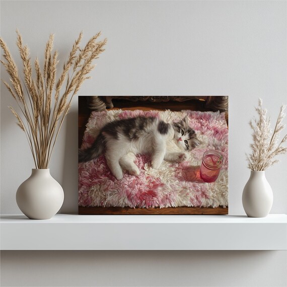 Kitten on Pink Fluffy Rug with Pink Glass Cute Cozy Cat Photo Poster