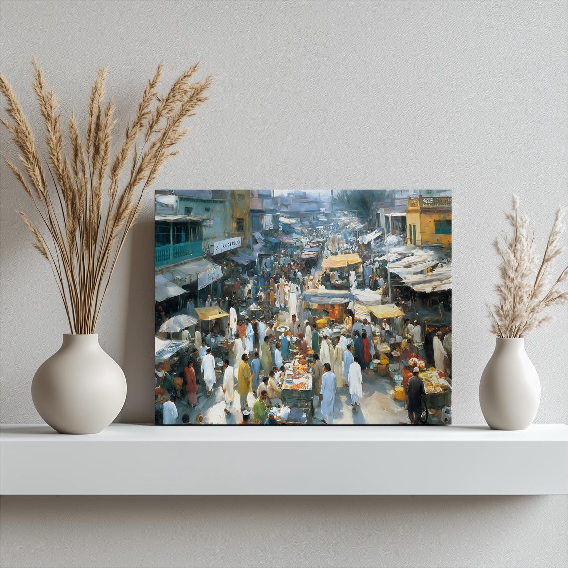 Bustling Street Bazaar Market Crowd Impressionist Scene Art Poster