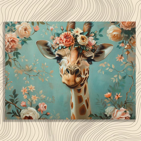 Giraffe Canvas Wall Art Crown Of Flowers Rococo Style Long Neck Painting Floral Home Decor Gift Hanging For Entrance And Living Room