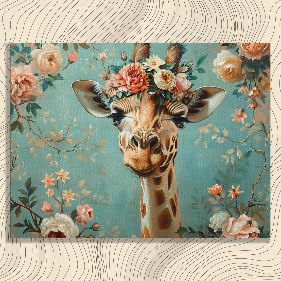 Giraffe With Flower Crown Rococo Style Whimsical Teal Portrait Poster