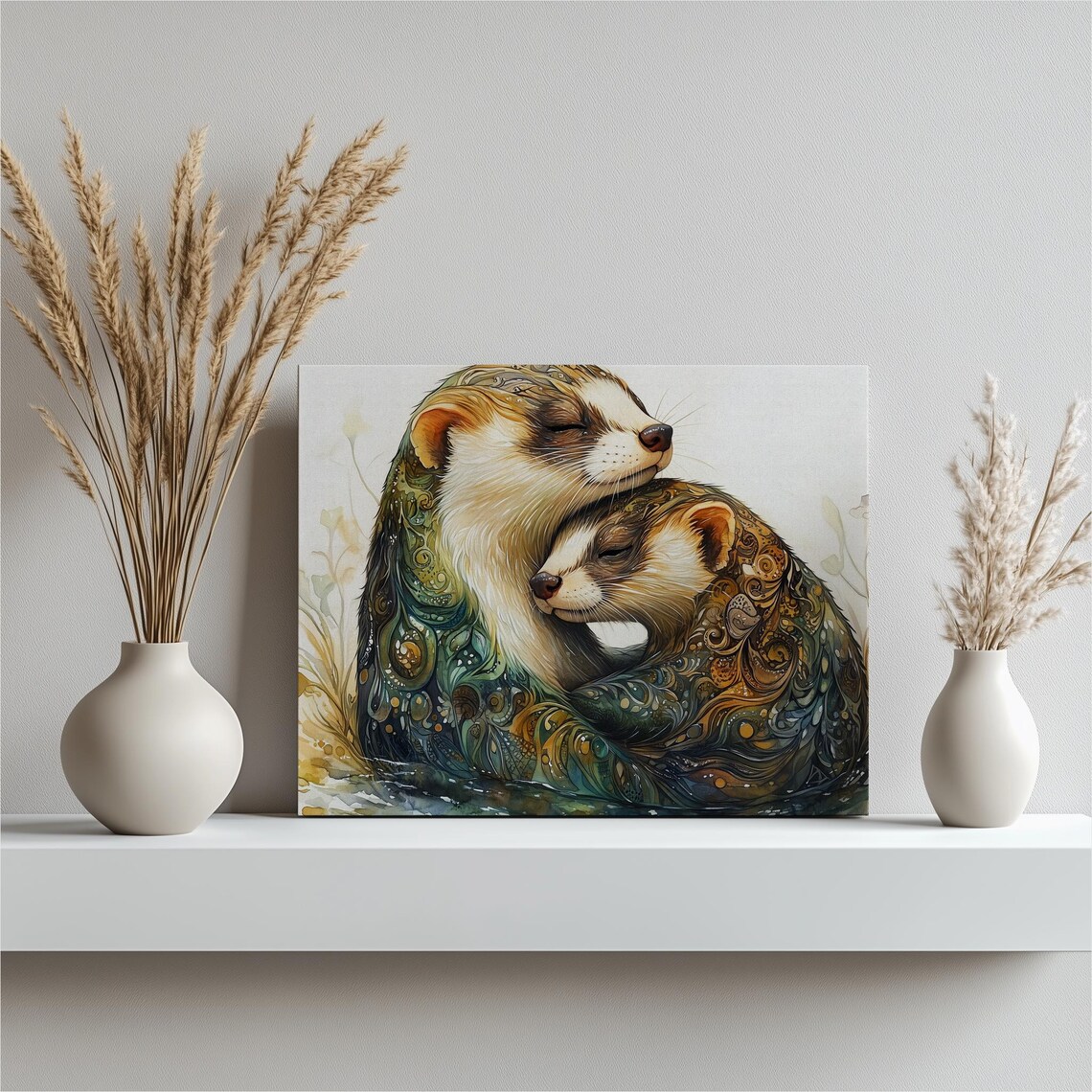 Cuddling Ferret Pair Patterned Watercolor Bohemian Animal Painting Wall Art