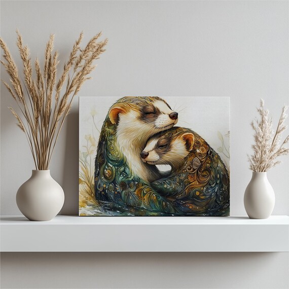 Cuddling Ferret Pair Patterned Watercolor Bohemian Animal Painting Wall Art