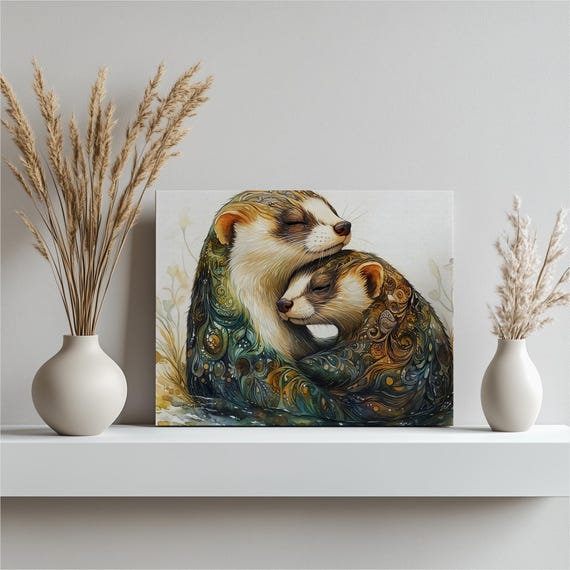 Detailed Ferret Art Canvas Print Boho Decor Nature Wall Hanging Whimsical Animal Love Gift For Home Office Nursery Living Room