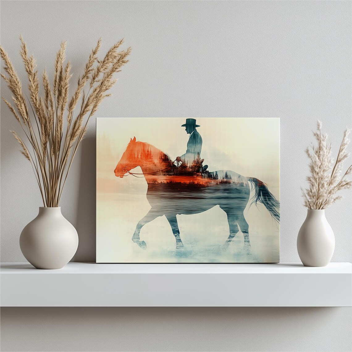 Cowboy Horse Double Exposure Sunset Western Landscape Wall Art