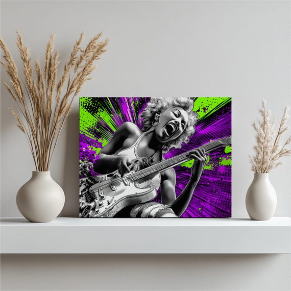 Colorful Electric Guitarist Canvas Wall Art Neon Splatter Rock Poster Vibrant Music Print Comic Book Painting Gift Decor Guitar Portrait