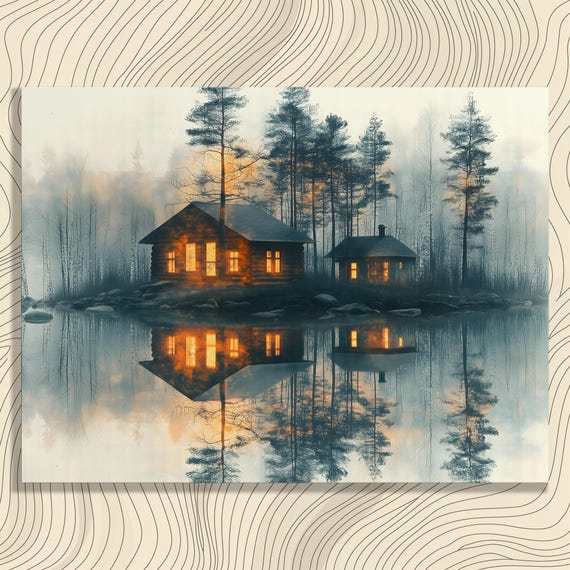 Serene Lakeside Cabin Canvas Wall Art Rustic Landscape Reflection Nature Artwork Decor Print Misty Tranquil Evening Forest