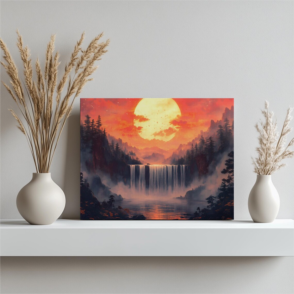 Waterfall Under A Giant Orange Sun In Misty Forest Art Poster