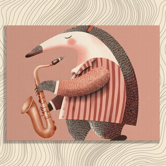 Whimsical Anteater Saxophone Canvas Wall Art Modern Animal Musician Print Jazz Illustration Mid Century Decor Gift