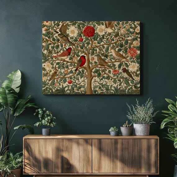 Vintage Floral Birds Canvas Wall Art Botanical Print Victorian Arts And Crafts Tree Illustration Rose Peony Wildlife Decor Tapestry