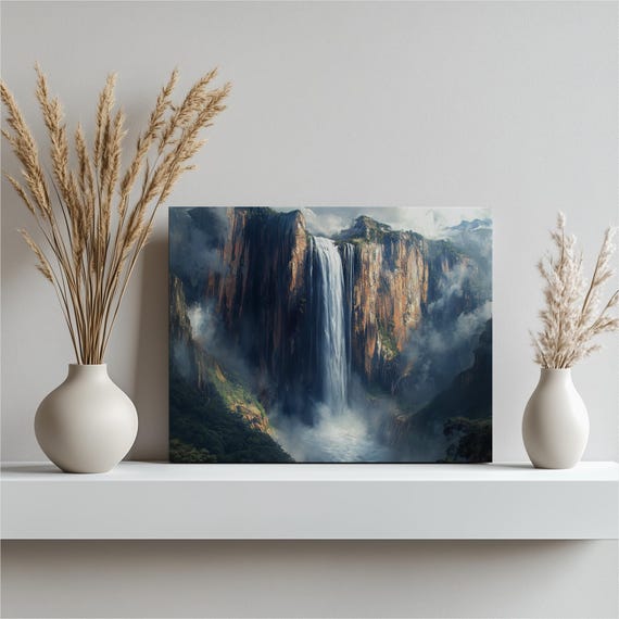 Unique Angel Falls Waterfall Canvas Wall Art Tropical Venezuela Landscape Painting Home Decor Colorful Misty Mountain Nature Poster
