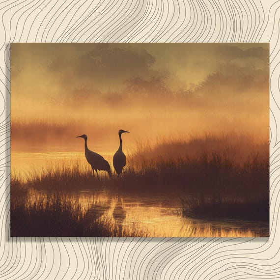 Misty Sunrise Cranes Canvas Wall Art Golden Marsh Wetland Wildlife Landscape Print Sandhill Nature Decor Modern Water Reflection