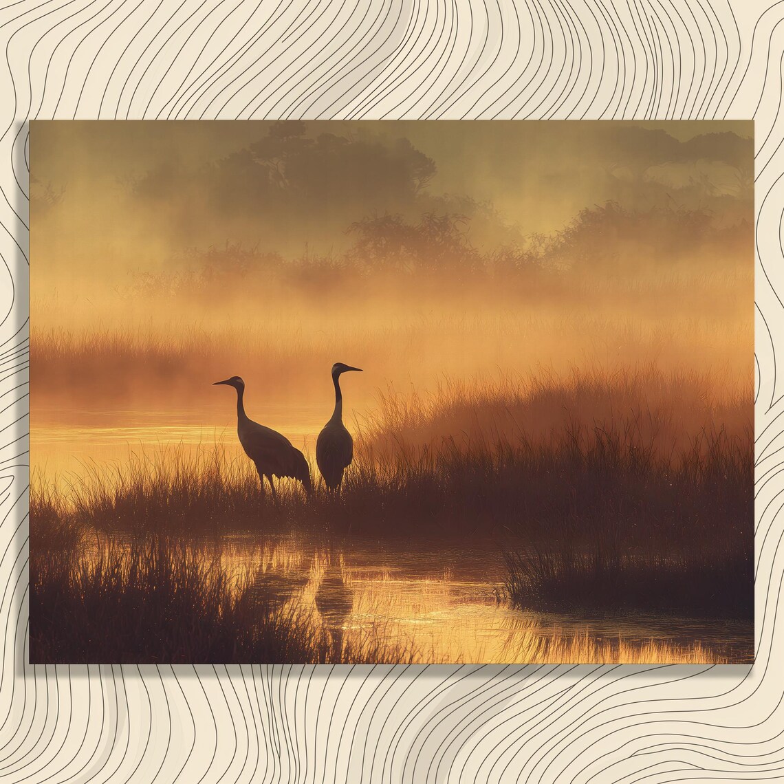 Misty Sunrise Cranes Golden Marsh Wetland Silhouette Landscape Poster