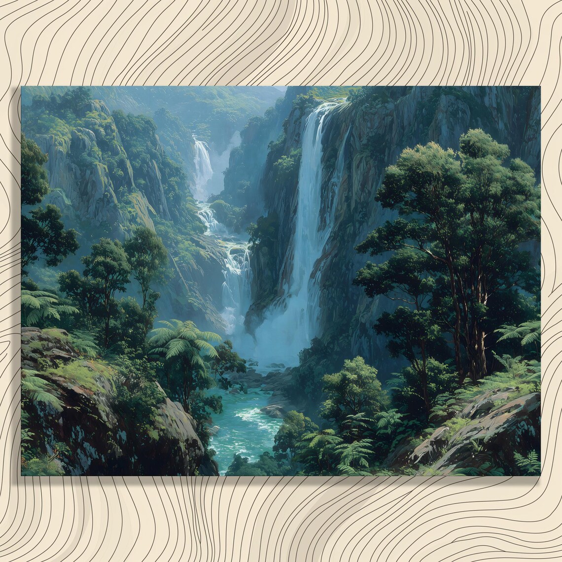 Tropical Waterfall Valley Lush Rainforest River Landscape Art Print