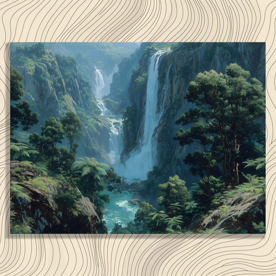 Tropical Waterfall Valley Canvas Wall Art Lush Rainforest Landscape Painting With Mountain River And Cliffs Nature Decor Print
