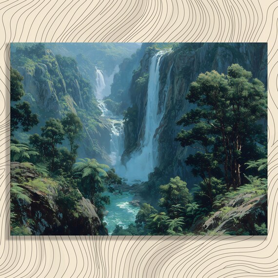 Tropical Waterfall Valley Lush Rainforest River Landscape Art Print