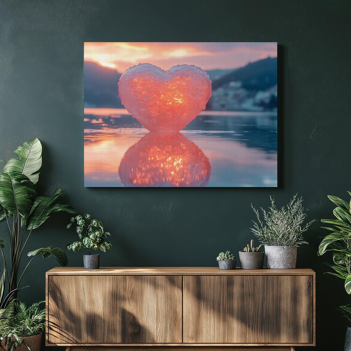 Glowing Heart Sunset Coastal Reflection Romantic Seascape Love Poster