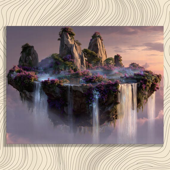 Fantasy Floating Island Canvas Wall Art Surreal Waterfall Landscape Print Colorful Dreamy Sky Clouds Sunset Nature Gift Bohemian Eclectic