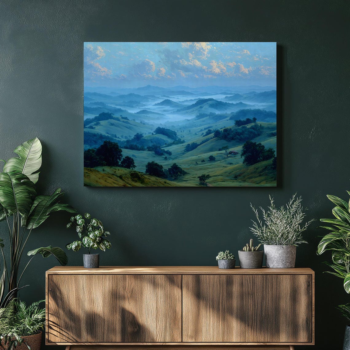 Misty Blue Hills Morning Fog Layered Valley Landscape Poster