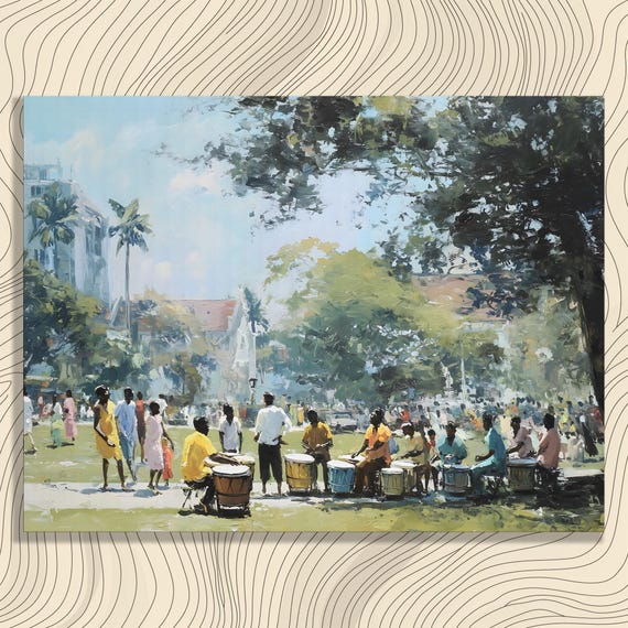 Colorful Drum Circle Canvas Wall Art Impressionist Park Painting Print With Tropical Palm Trees Music Decor For Nature Lovers Gift