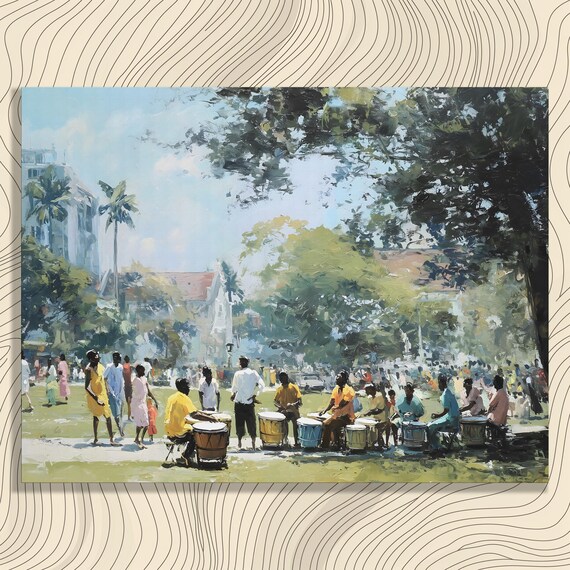Impressionist Drum Circle Painting Musicians In Sunlit Park Wall Art