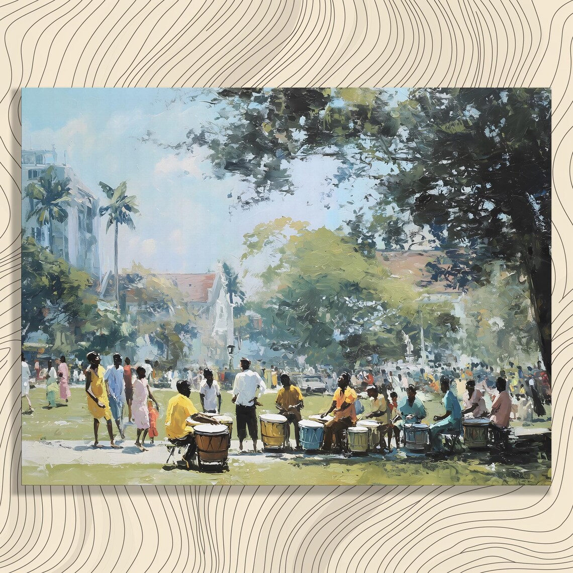 Impressionist Drum Circle Painting Musicians In Sunlit Park Wall Art