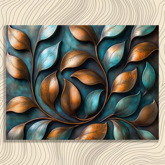 Swirling Botanical Leaves Canvas Wall Art Teal And Bronze Foliage Pattern Arabesque Leaf Design Modern Nature Decor Textured Metal Look